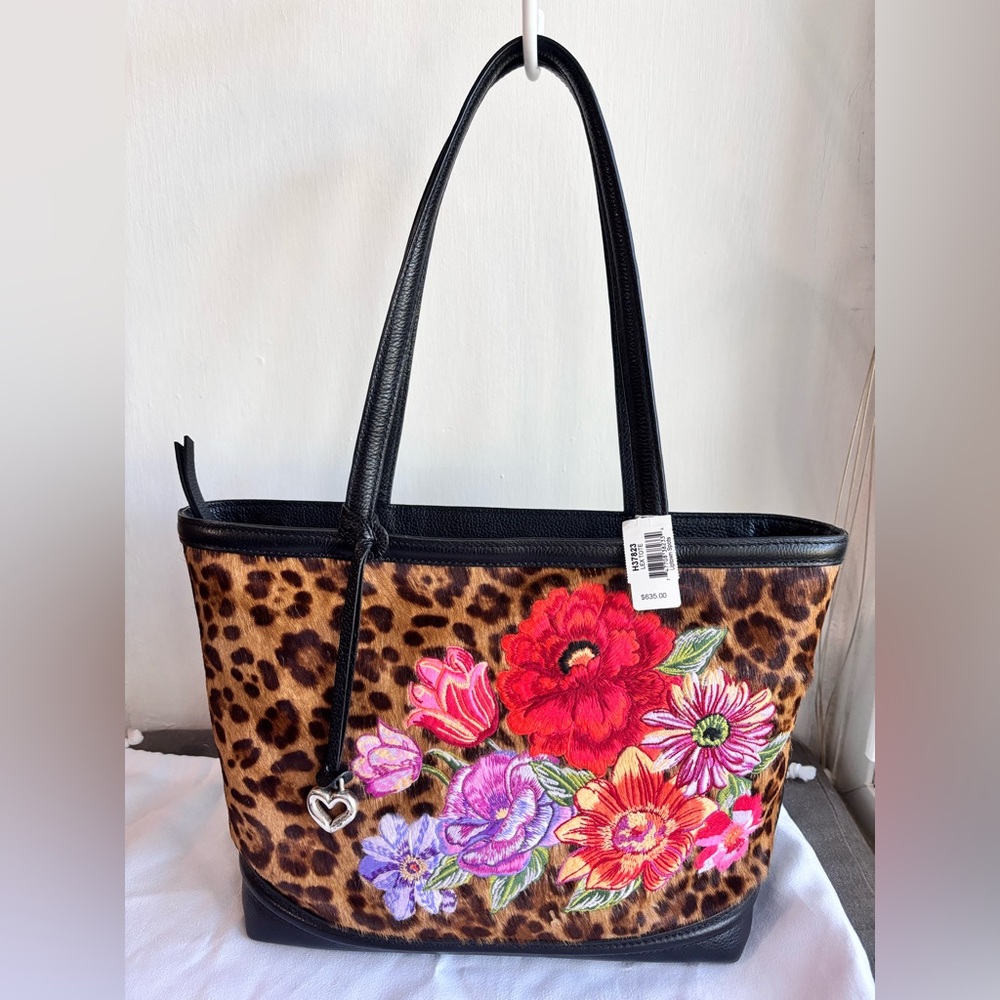 NWT Brighton Leopard Lex Tote Uptown Spots Black Leather Embroidered Flowers